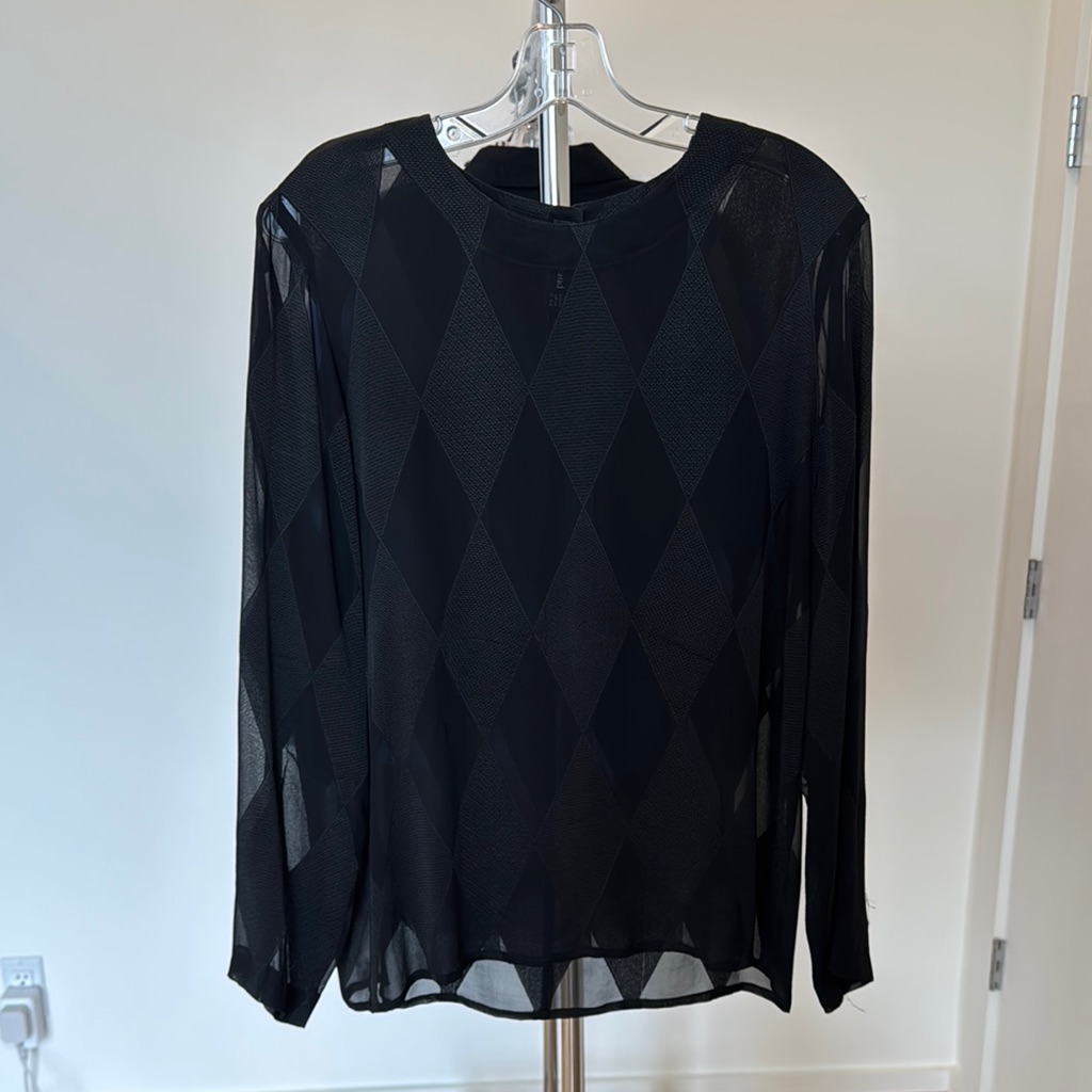 Vintage Louis Feraud Sheer Diamond-Pattern Harlequin Black Silk Long Sleeve Top